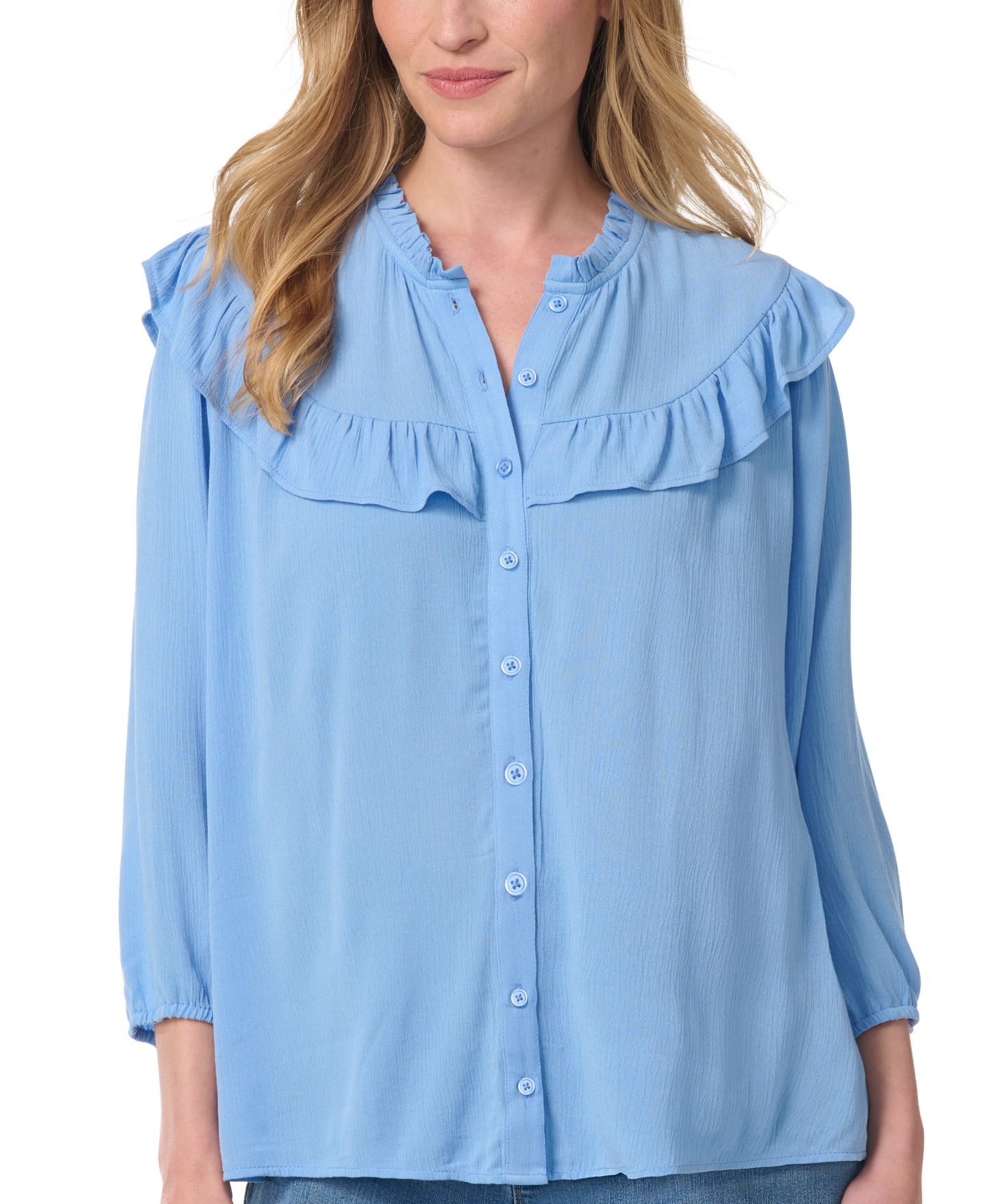 Женская блузка Gloria Vanderbilt Nia Peasant 3/4-Sleeve Cascading-Ruffles, цвет: Синий, вариант 1 — фото 1
