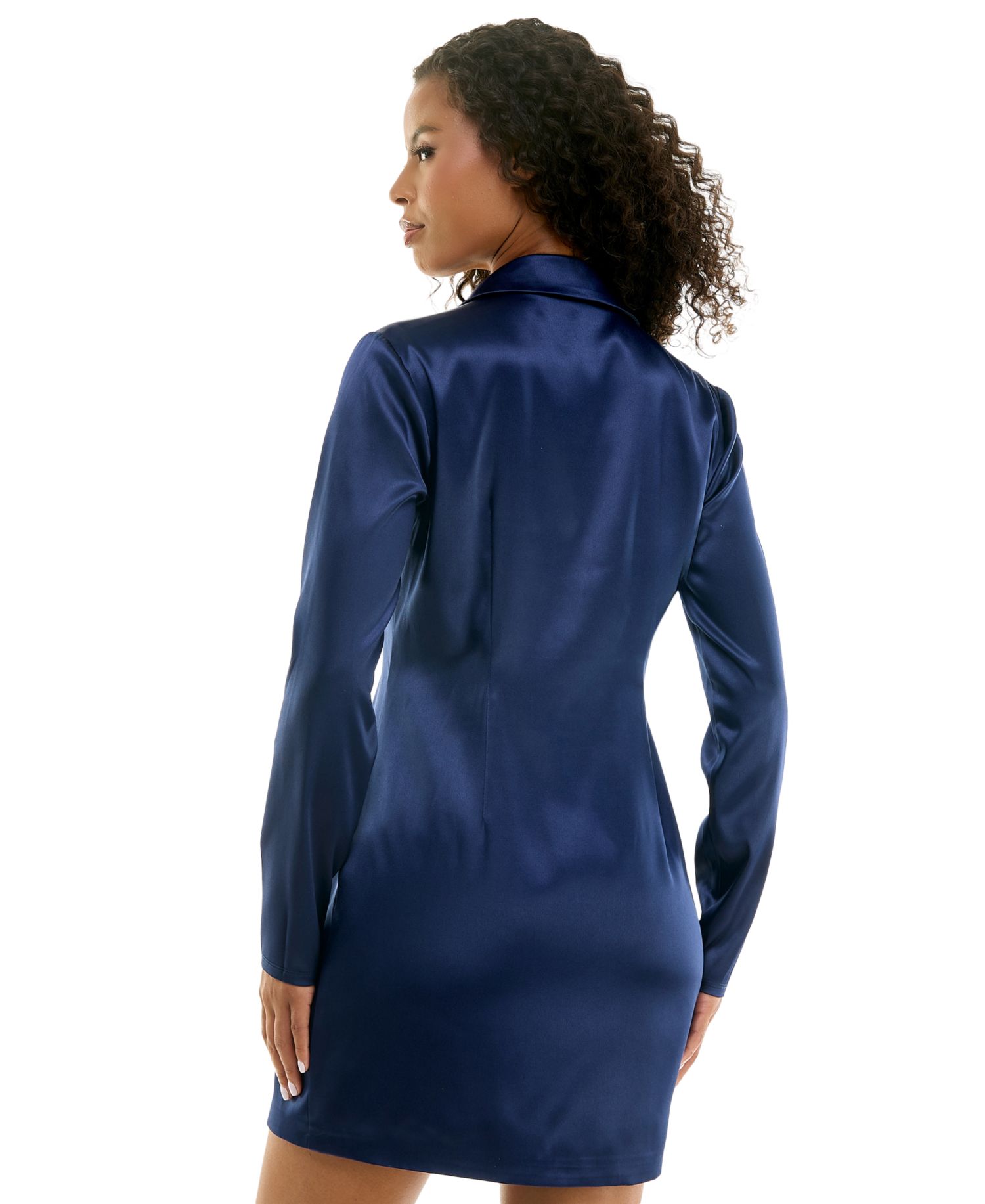 Juniors' Double-Breasted Long-Sleeve Satin Blazer Dress