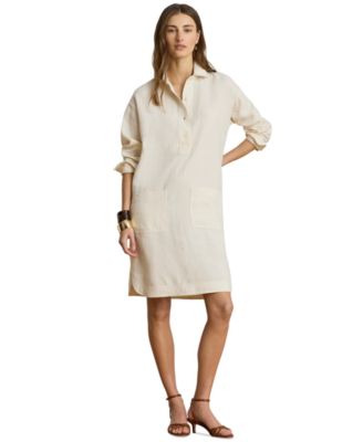 Women's Linen Spread Collar Long-Sleeve Shirt-Dress