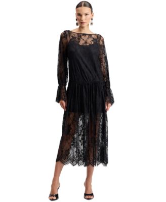 Women's Floral Drop-Waist Lace Midi Dress