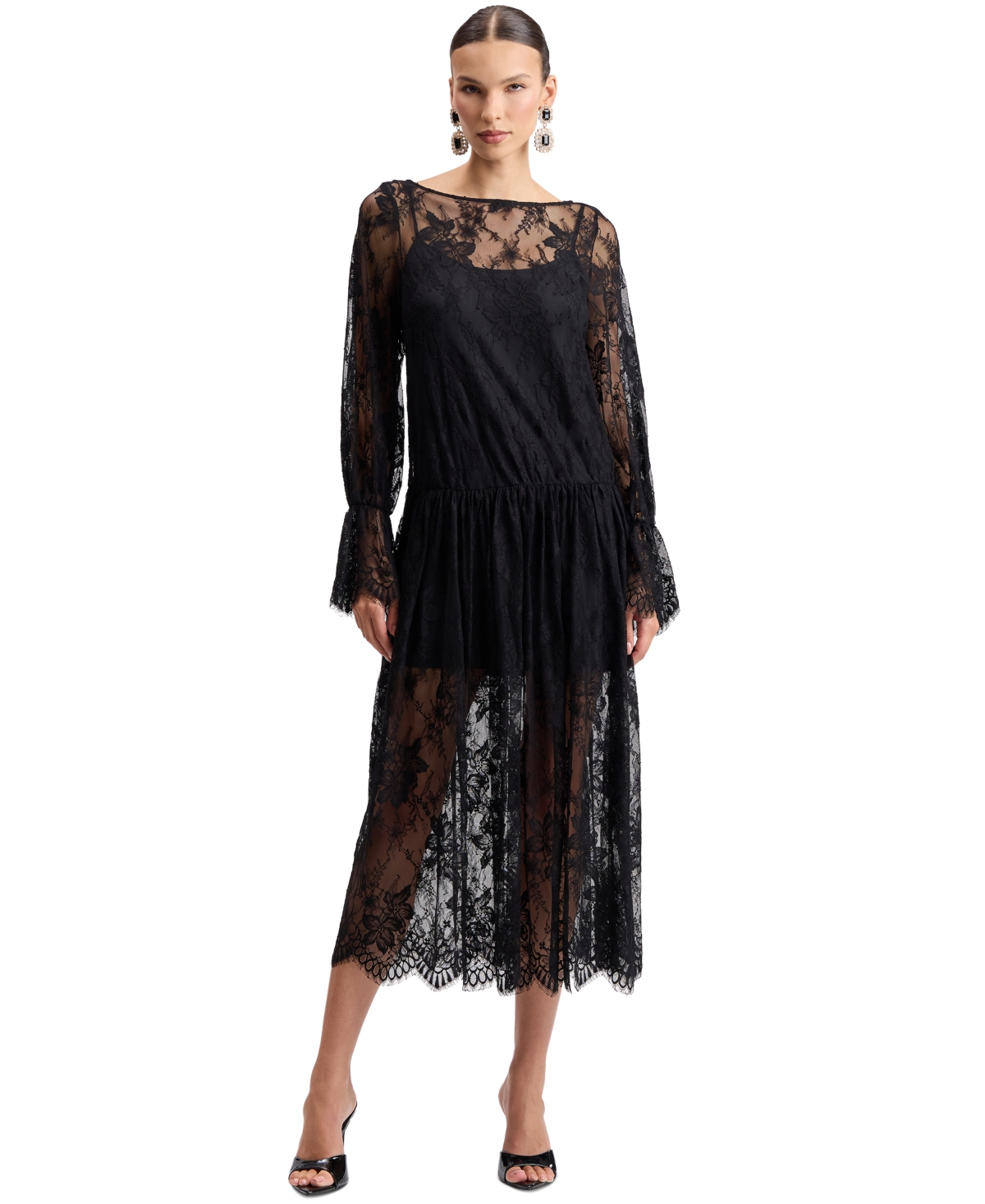 Avec Les Filles Women's Floral Drop-Waist Lace Midi Dress