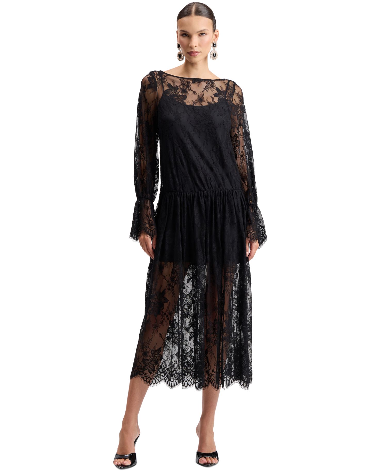 Women's Floral Drop-Waist Lace Midi Dress
