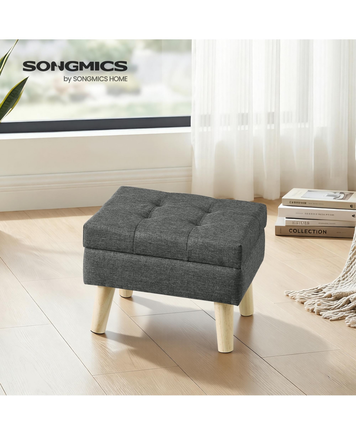 SongmicsHome Ottoman with Wood Legs, Foot Rest, Small Table, for Hallway, Living Room, Linen-Look Fabric