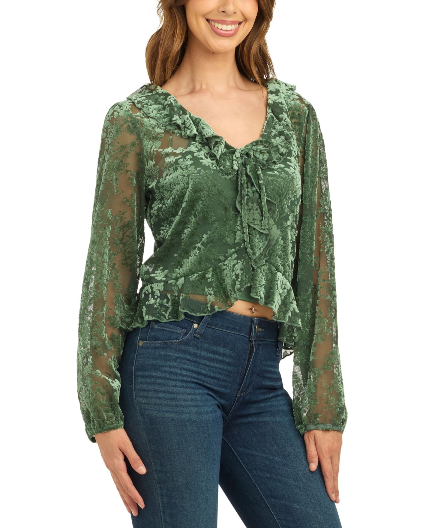 Женская блузка BCX Juniors' Mesh Velvet Burnout Crop Long-Sleeve, цвет: Шалфейный — фото 2