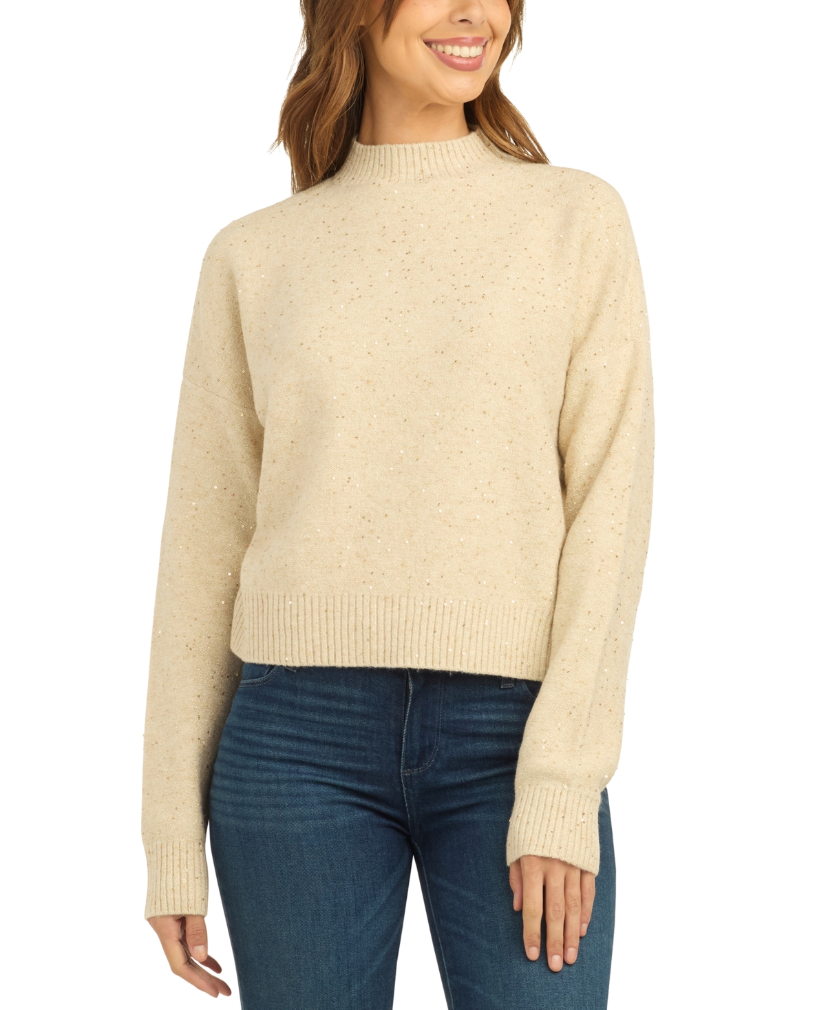 Bcx Women's Mock Neck Long-sleeve Metallic Sweater In Champagne