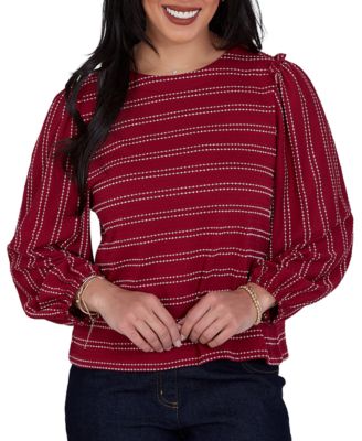 Petite Long-Sleeve Dobby-Stripe Crewneck Blouse