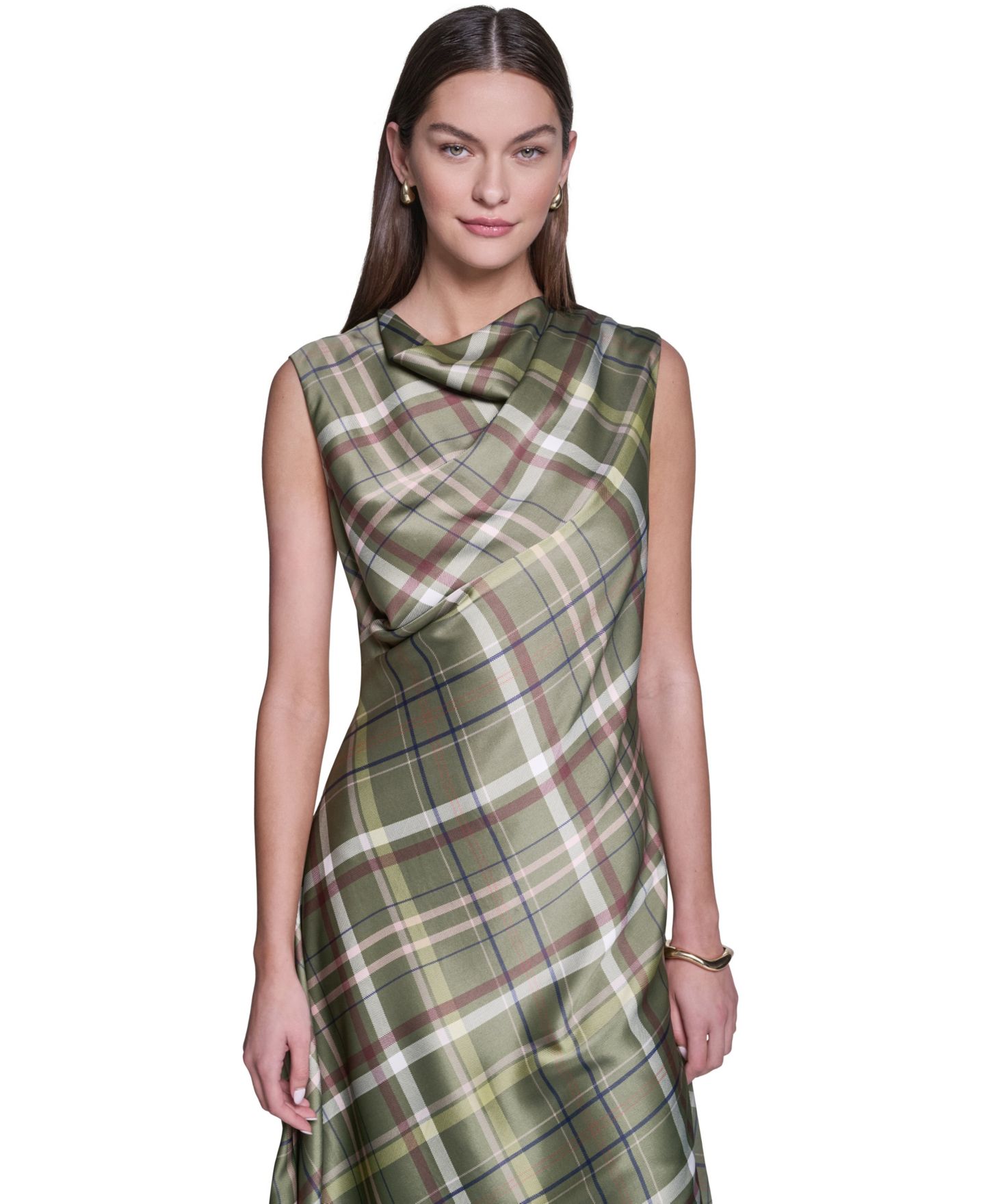 Женское платье Halston Cowl Neck Plaid Asymmetrical Midi, цвет: Pesto — фото 3