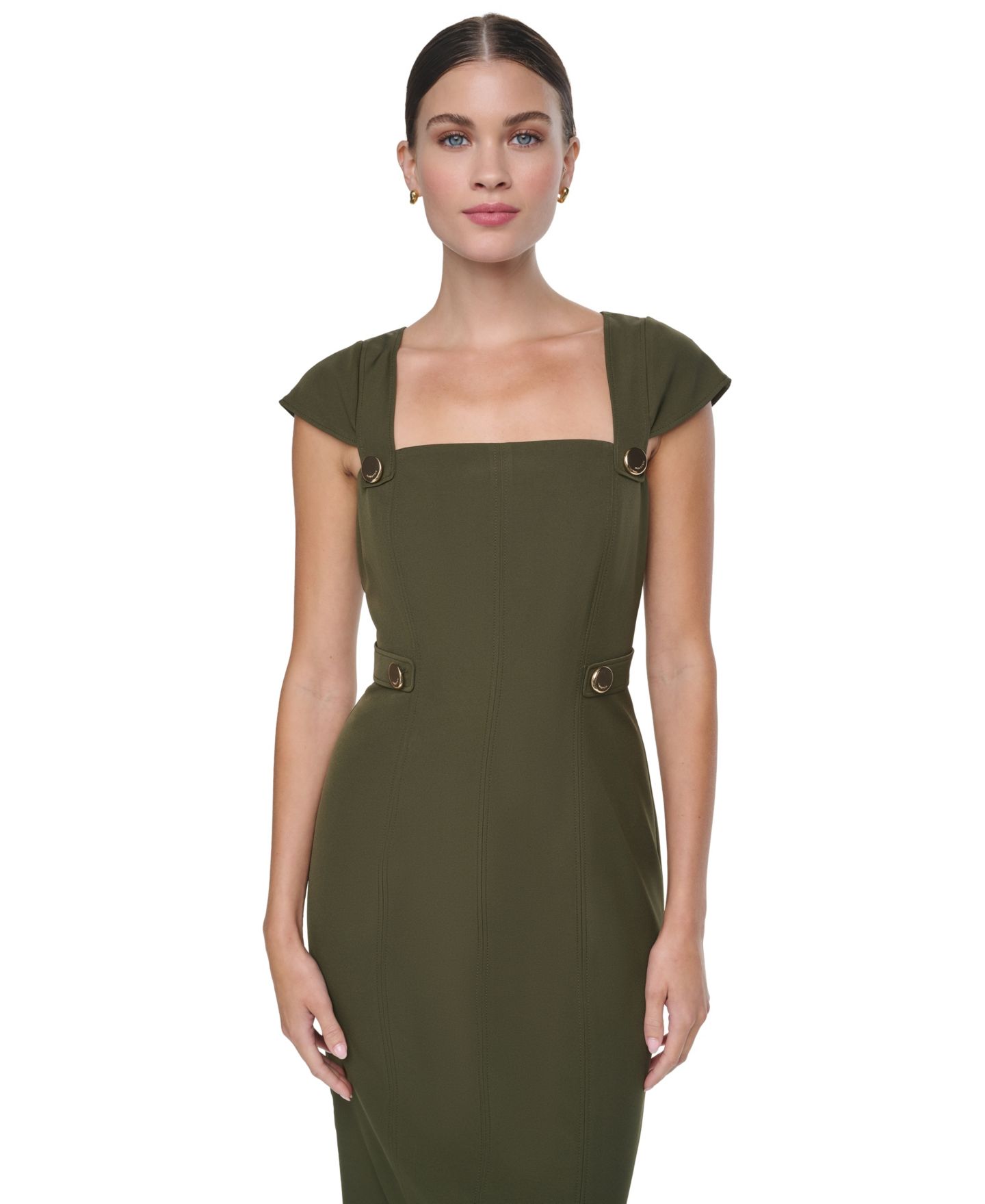 Женское платье Halston Cap-Sleeve Square-Neck Crepe Midi, цвет: Оливковый — фото 3