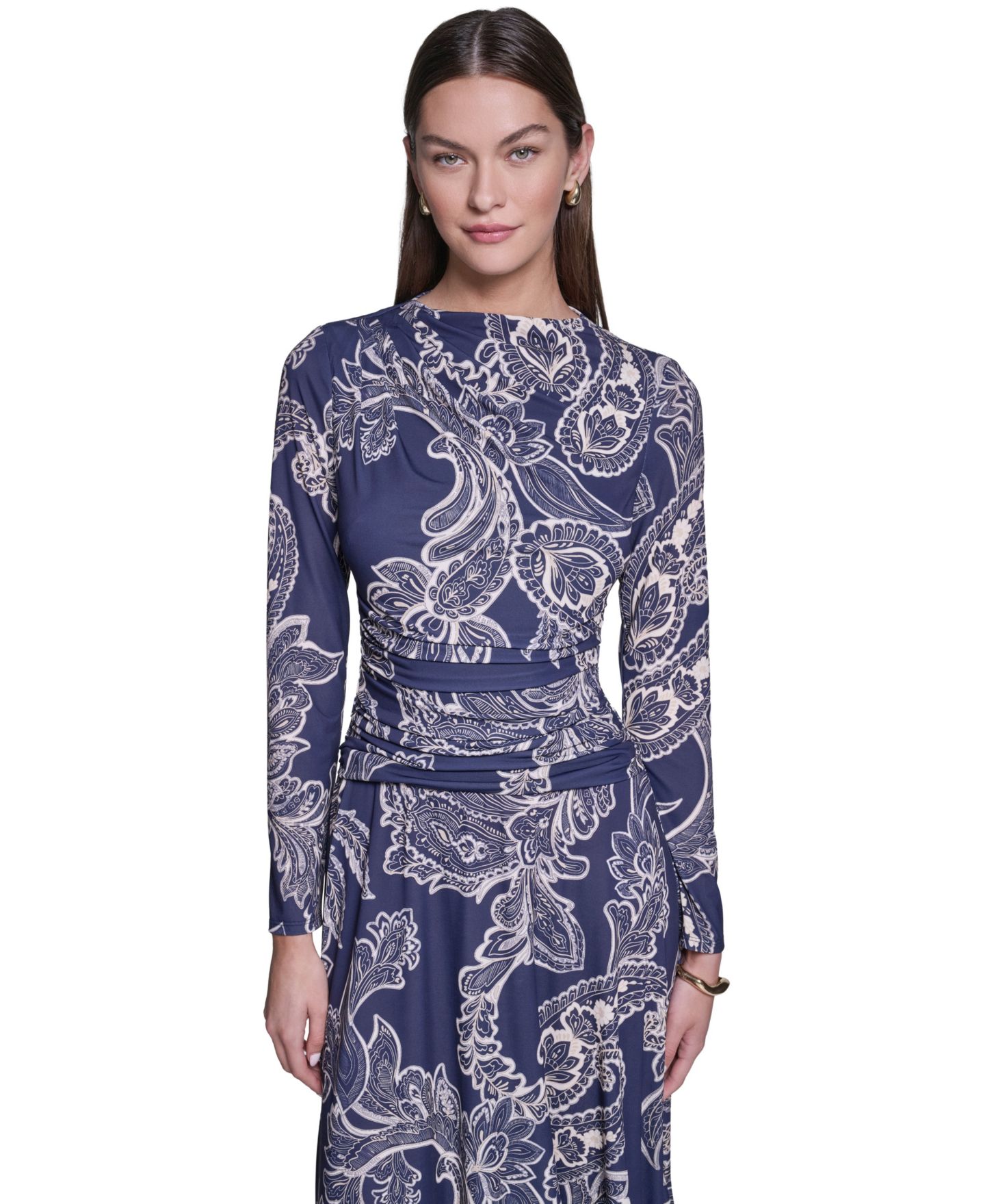 Женское платье Halston Long-Sleeve Paisley-Print A-Line Midi, цвет: Тёмно-синий разноцветный — фото 3
