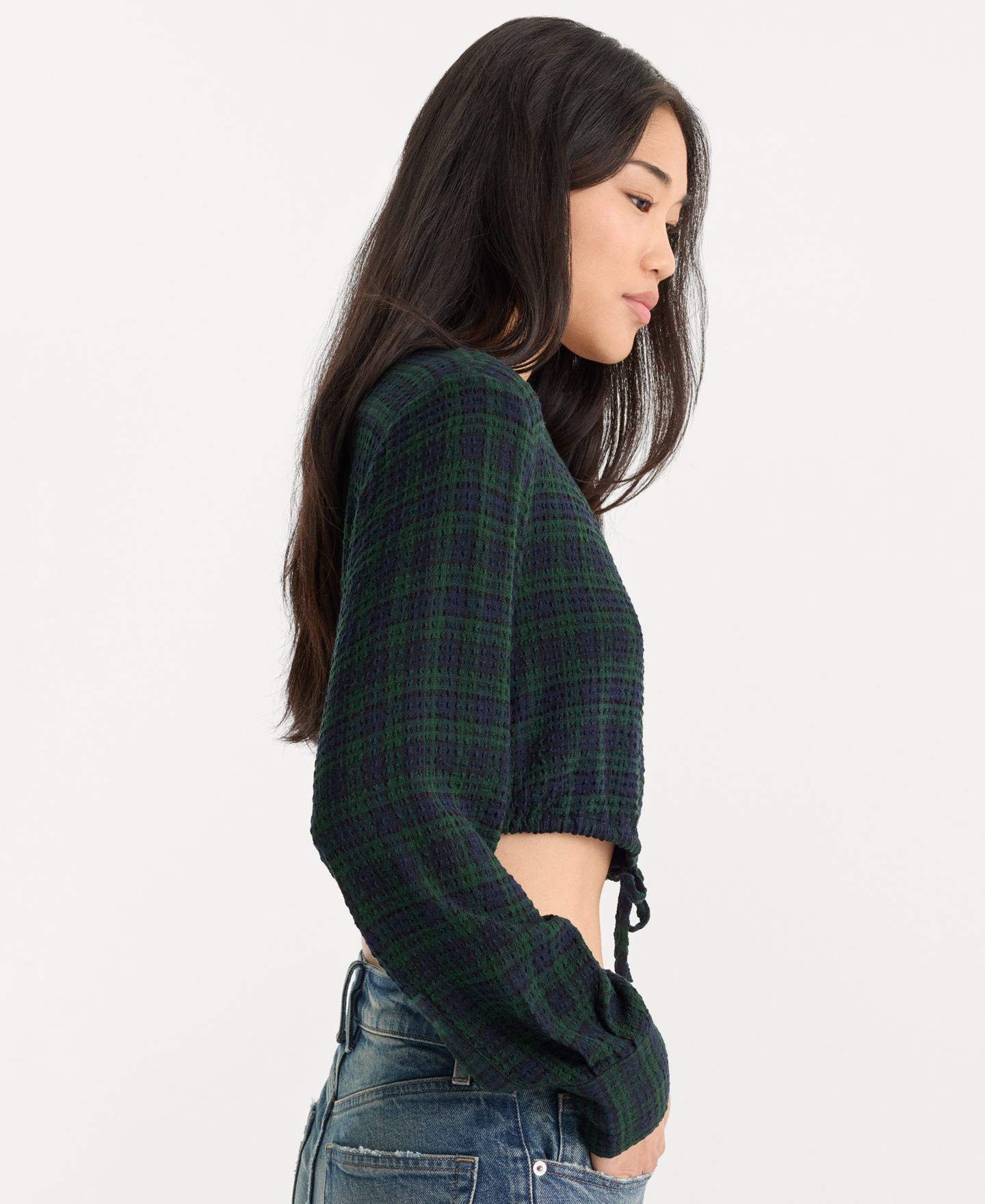 Женская блузка Good American Crinkle Cinched Plaid Long-Sleeve, цвет: Тёмно-зелёный клетчатый — фото 3