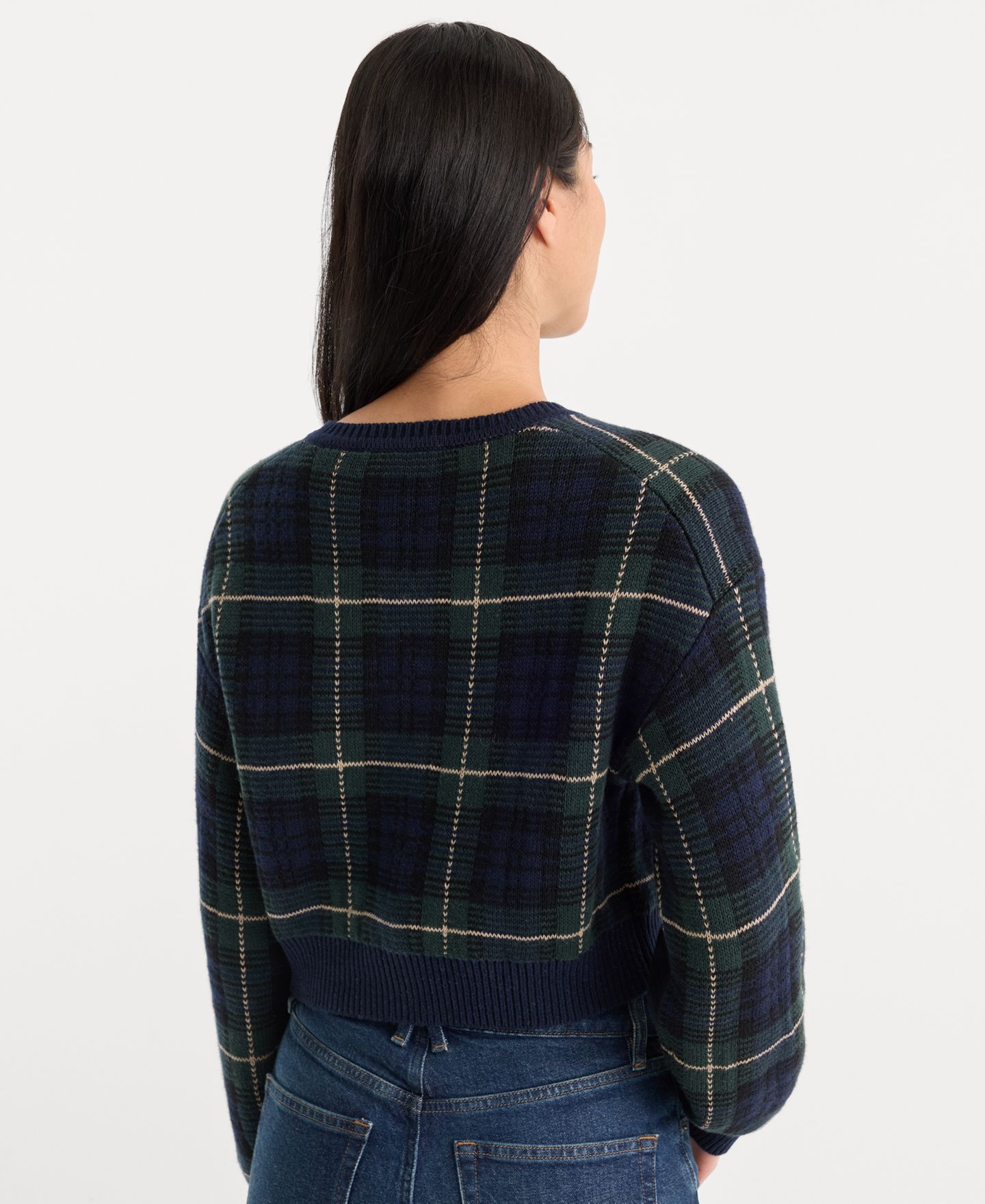 Женский кардиган Good American Cropped Plaid Cardigan, цвет: Тёмно-зелёный клетчатый — фото 4