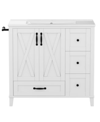 36 Inch White Freestanding Bathroom Vanity with Ceramic Sink Top X Shaped Doors 4 Drawers Door Shelves Adjustable Shelf Reversible Towel Bar