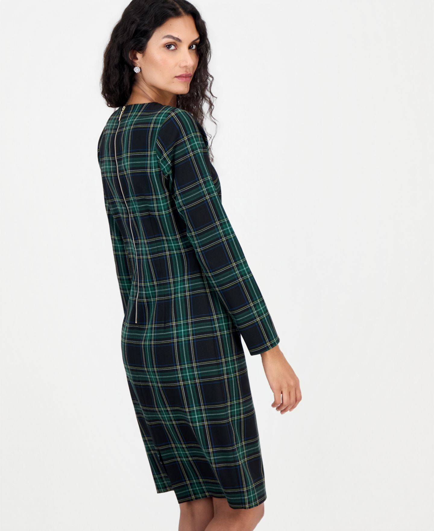 Женское платье Tahari ASL Long-Sleeve Scoop Neck Plaid, цвет: Зимний сосновый чёрный — фото 2