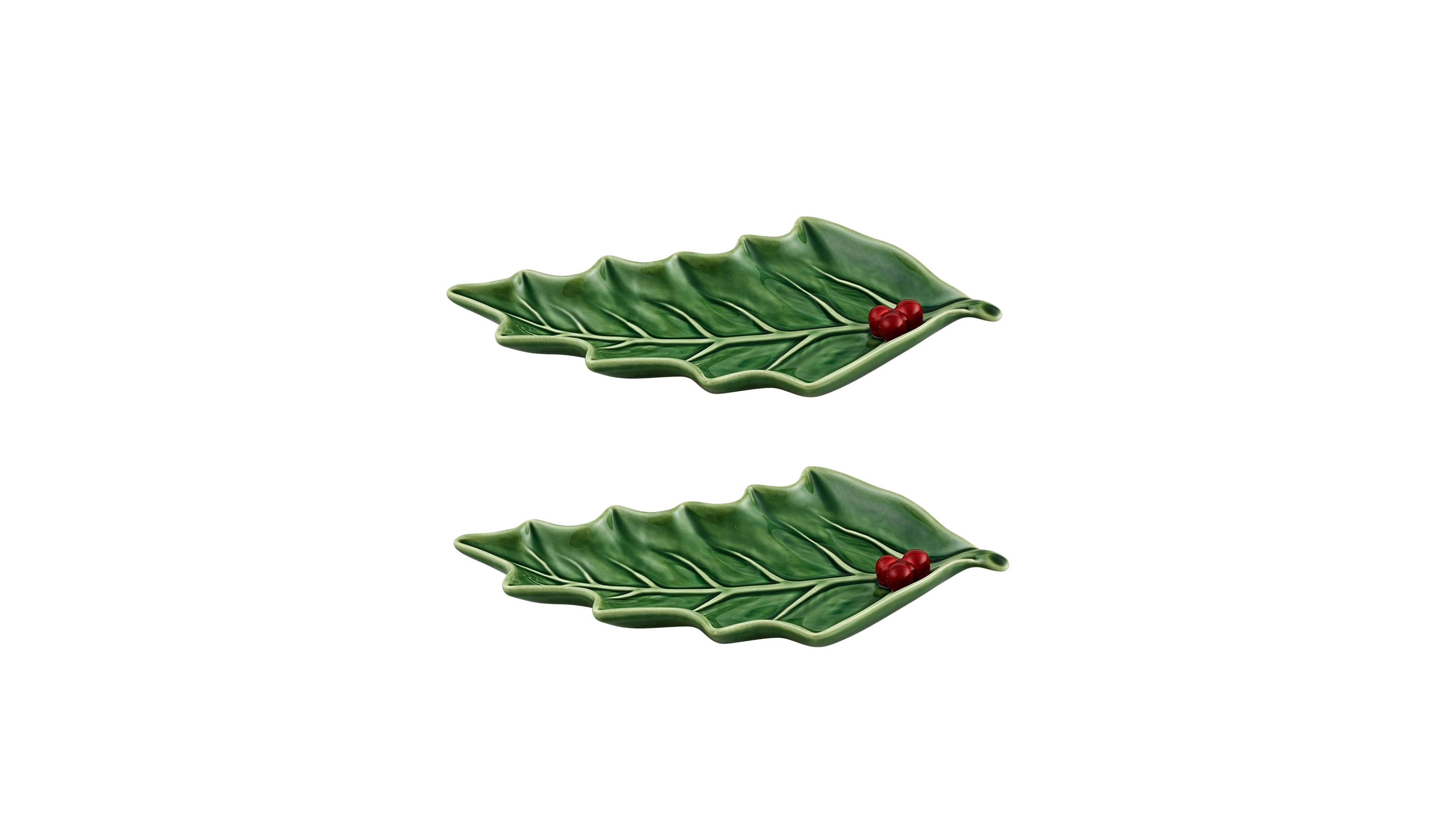 Bordallo Pinheiro Holly Earthenware Small Leaf Dishes, Set of 2