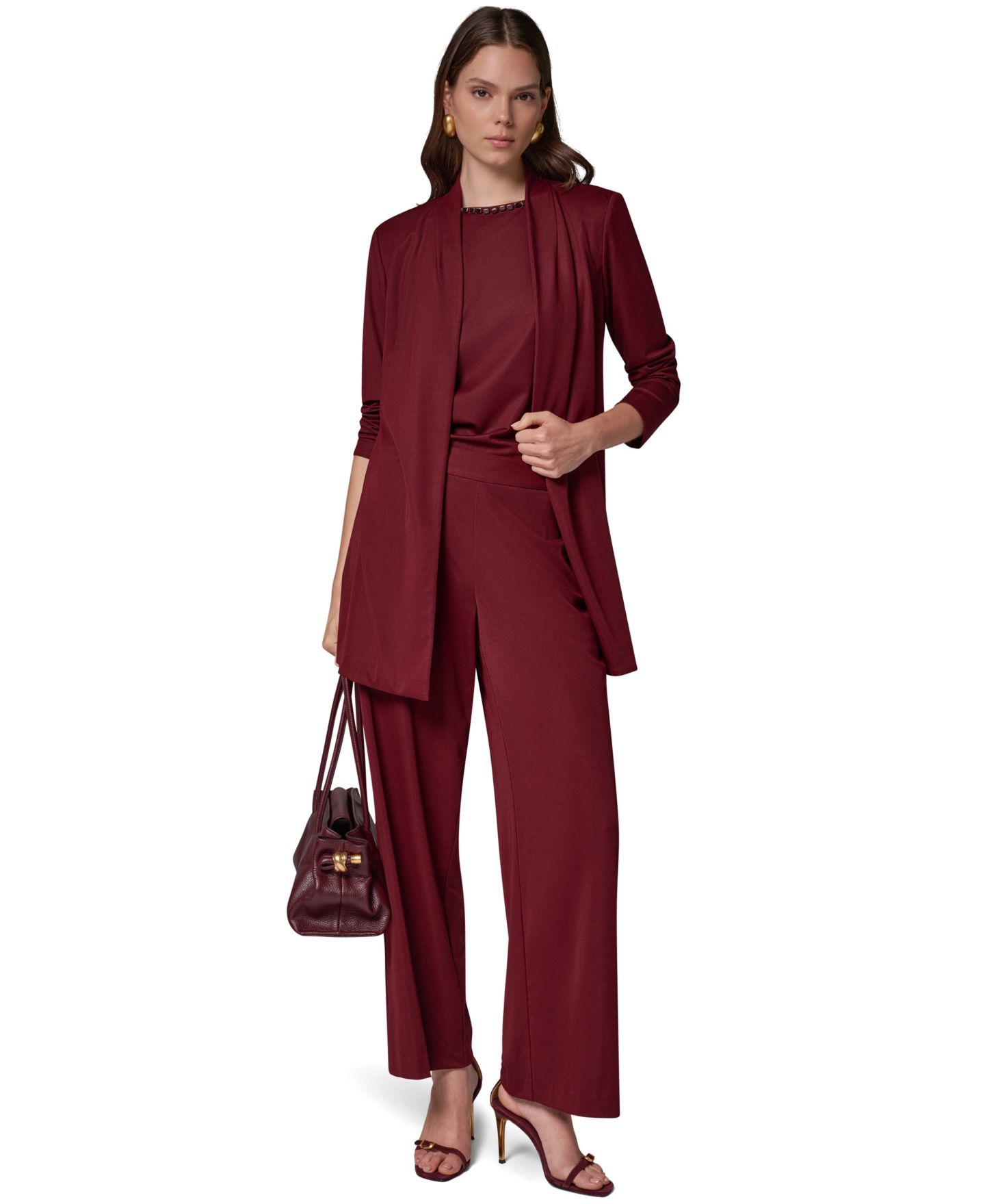 Женский пиджак Donna Karan New York Knit Belted Collarless Blazer, цвет: Чёрный вишнёвый — фото 9