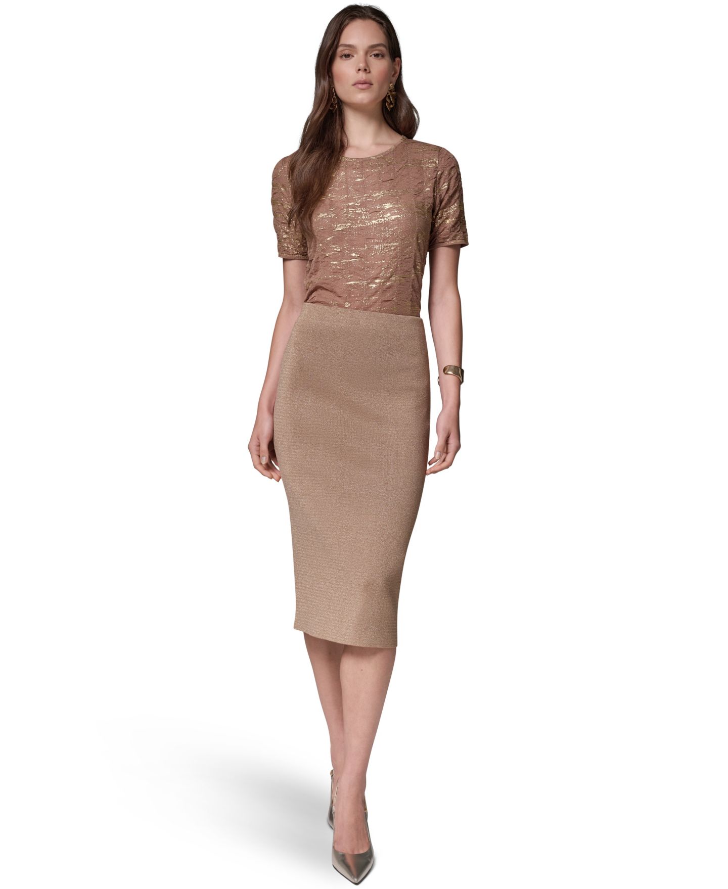 Женская юбка Donna Karan New York Straight Knit Midi High-Waisted, цвет: Верблюжий — фото 2