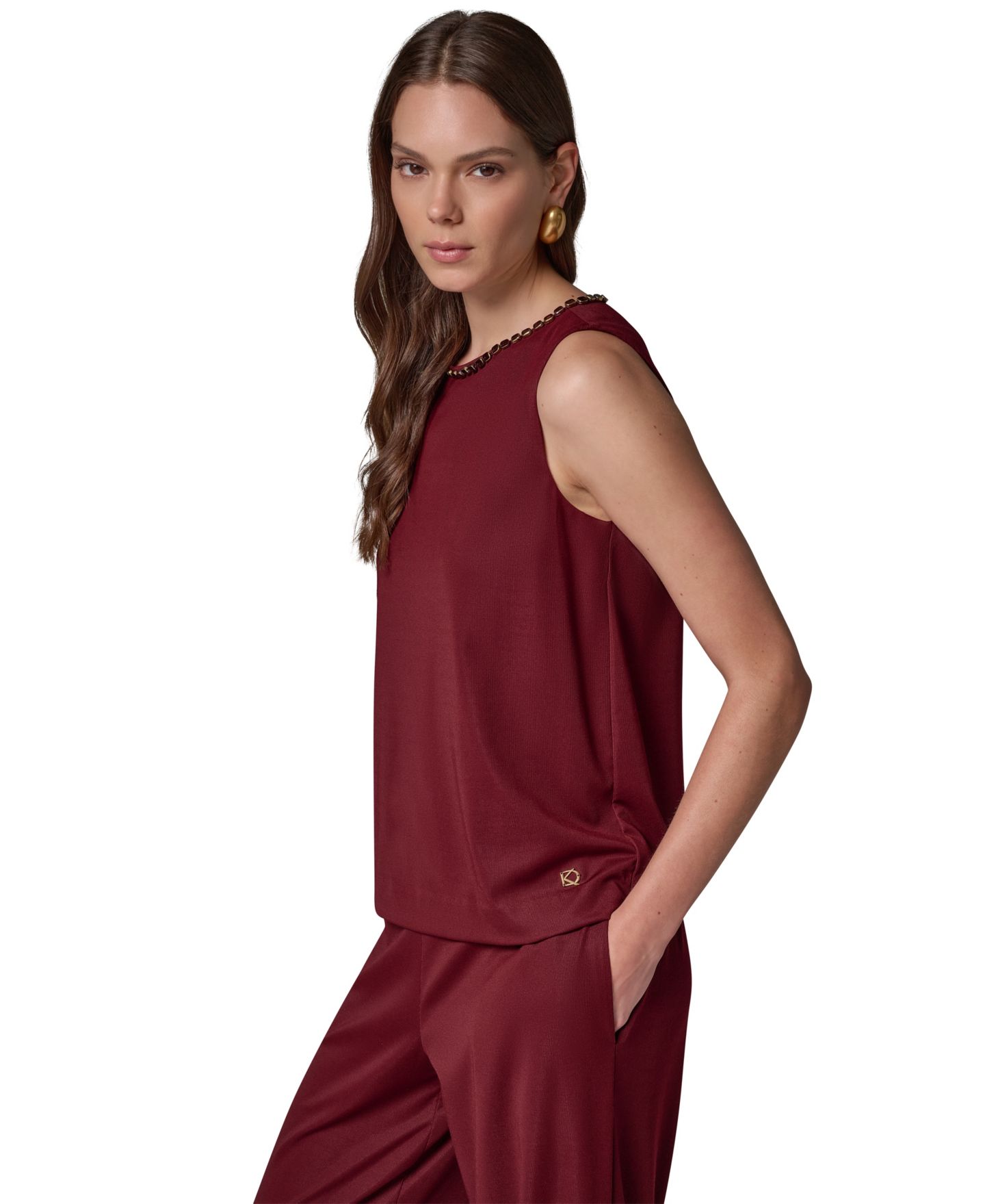 Женский топ на бретелях Donna Karan New York с бисером и вырезом-лодочка, без рукавов, цвет: Чёрный вишнёвый — фото 3