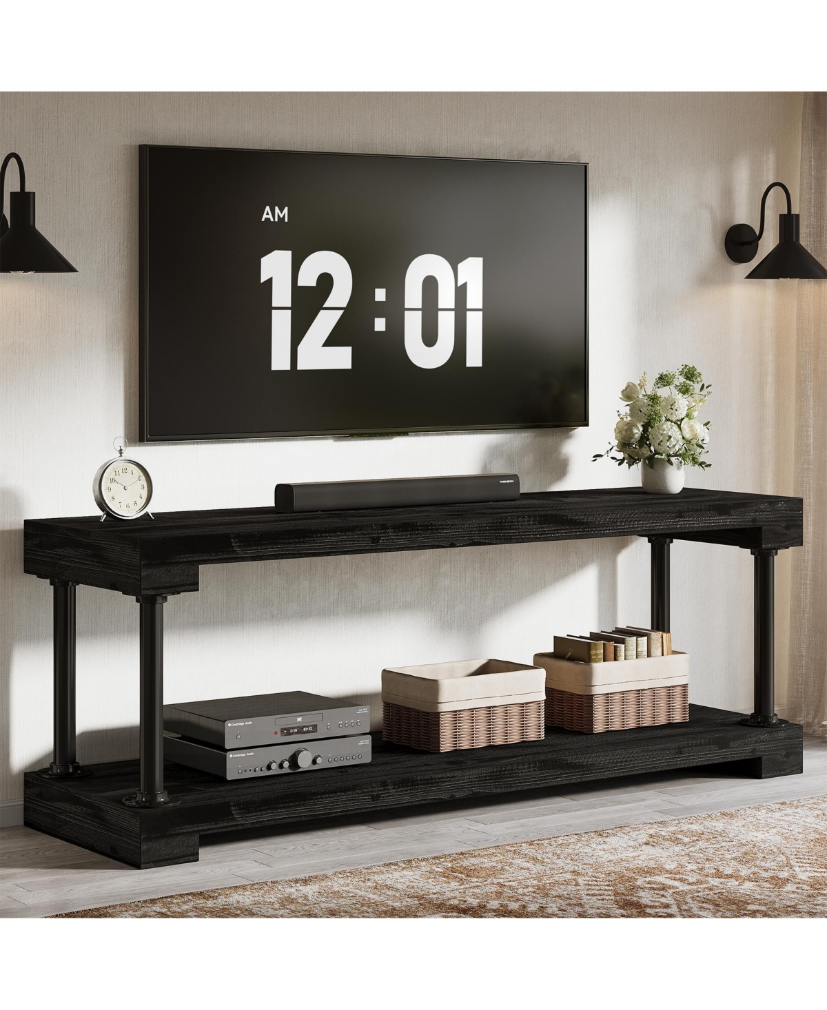Tribesigns Solid Wood Tv Stand for 75-Inch Tv, 63" Entertainment Center with Storage Shelf, Industrial Media Console Table