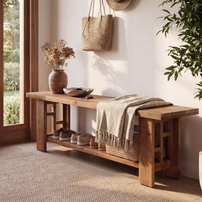55" Solid Wood Bench Seat,Entryway Bench with Storage Shelf