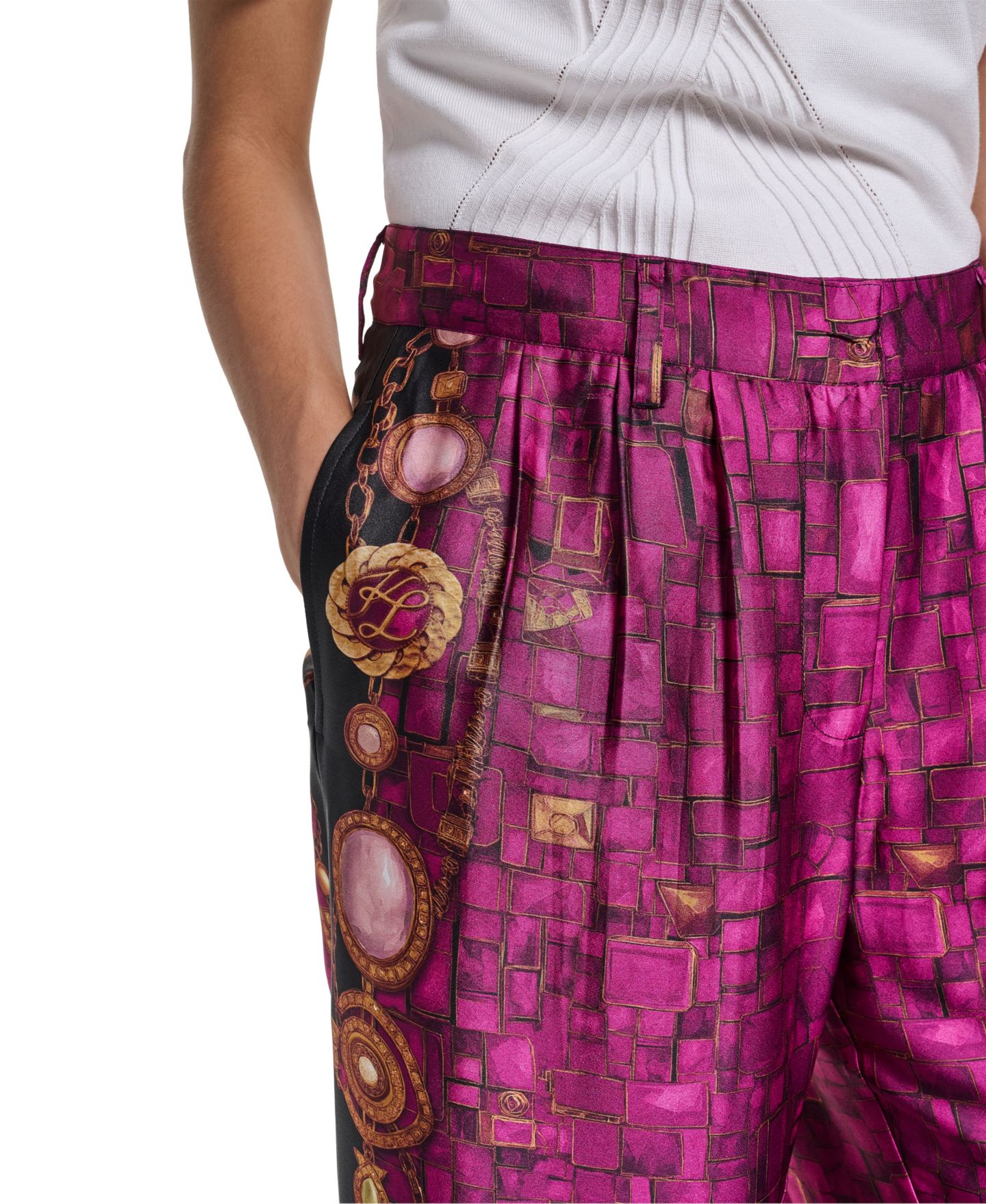 Женские брюки KARL LAGERFELD PARIS Pleated Wide-Leg Satin, цвет: Вишнёвый комбинированный — фото 7