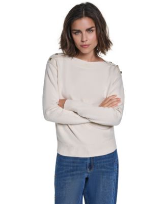 Women's Button Shoulder Boat Neck Long-Sleeve Sweater