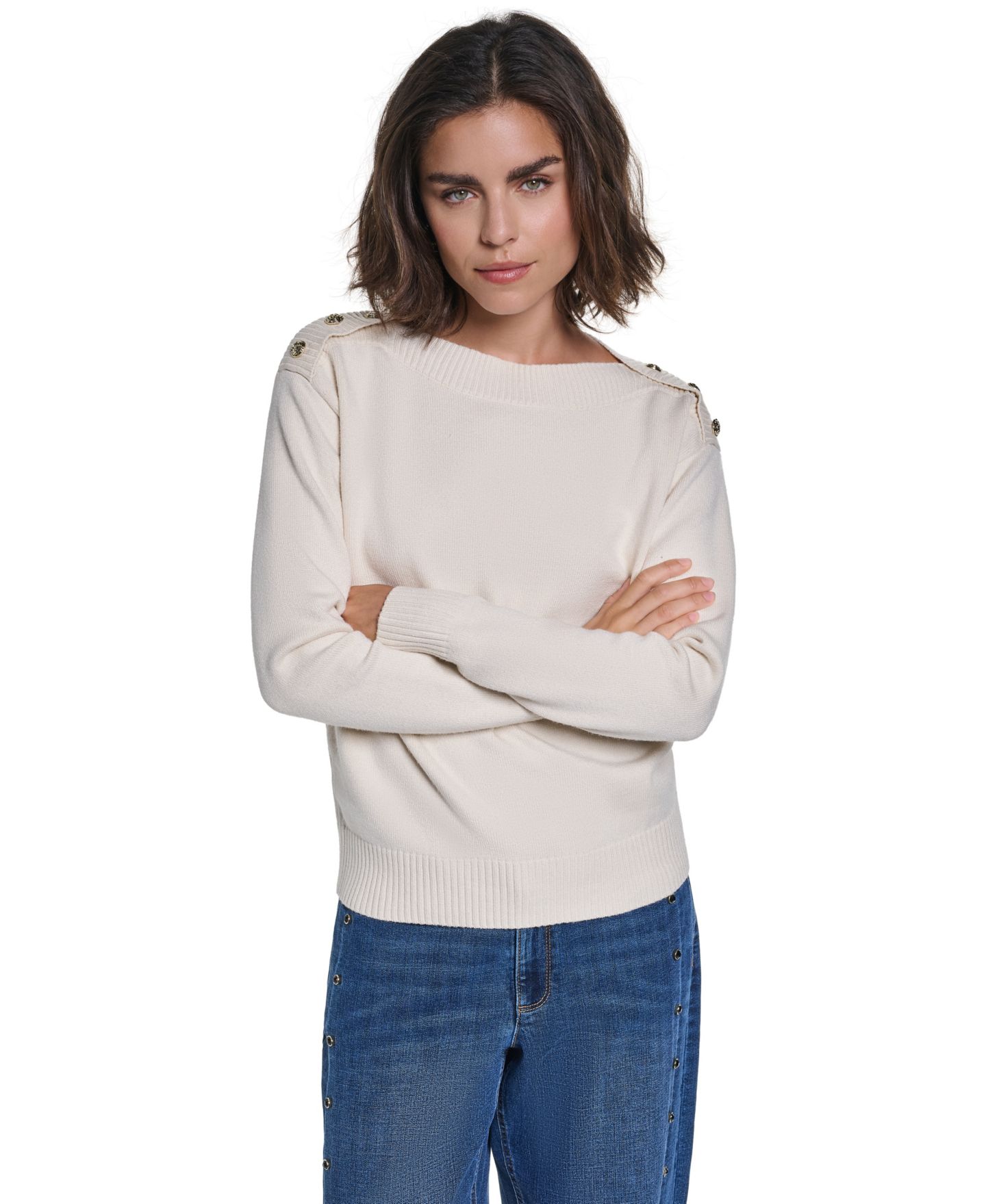 Женский свитер KARL LAGERFELD PARIS Button Shoulder Boat Neck Long-Sleeve, цвет: Берёзовый — фото 1
