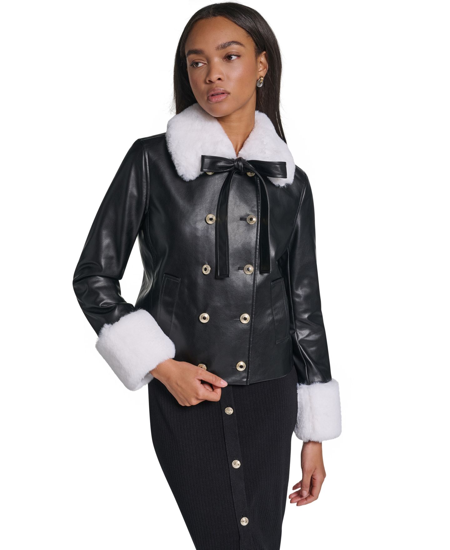 Женская куртка KARL LAGERFELD PARIS Faux Fur Collar Double-Breasted, цвет: Чёрный / Мягкий белый — фото 1