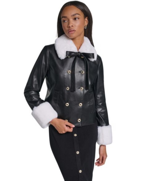 Женская куртка KARL LAGERFELD PARIS Faux Fur Collar Double-Breasted, цвет: Чёрный / Мягкий белый