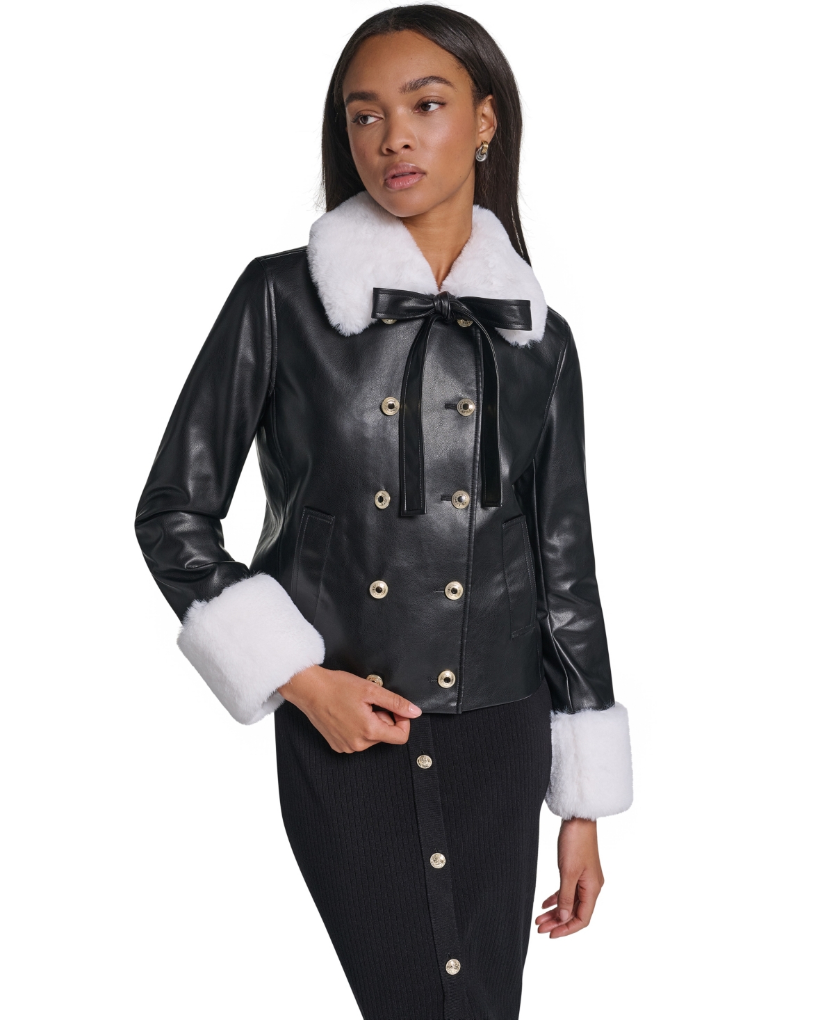 Karl Lagerfeld Paris Women's Faux Fur Collar Double-Breasted Jacket