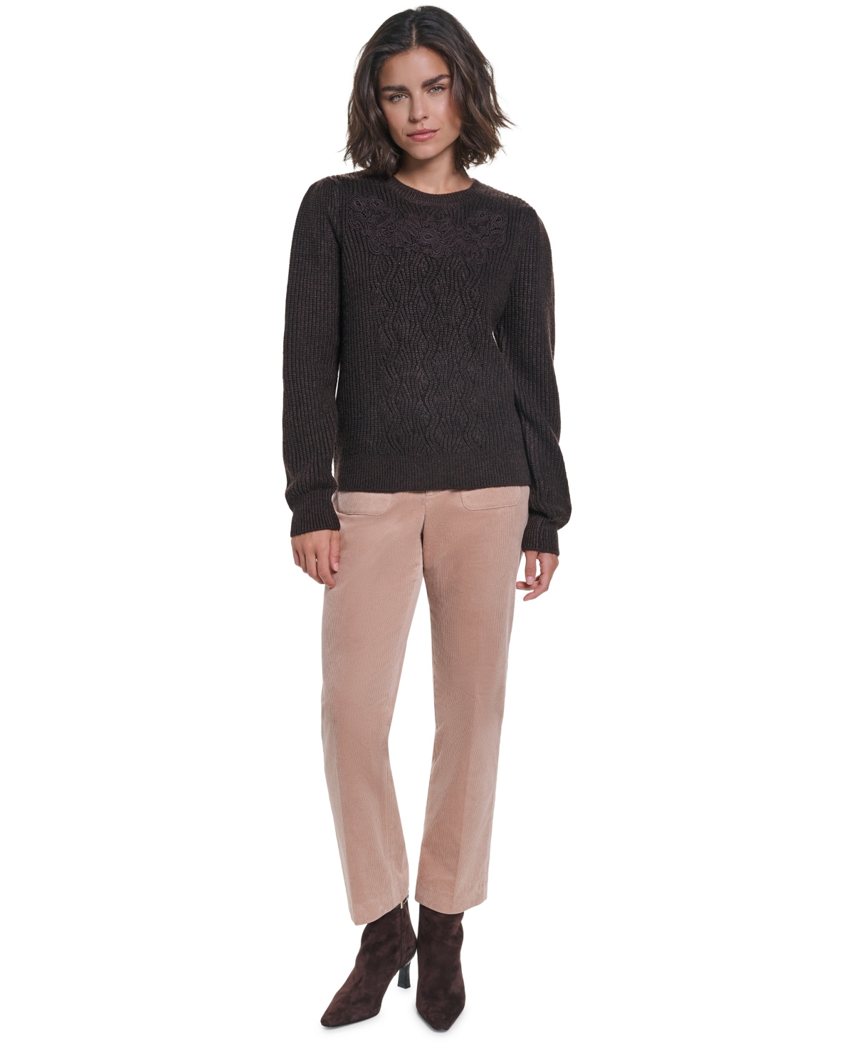 Karl Lagerfeld Paris Women's Cable-Knit Floral Lace Applique Sweater