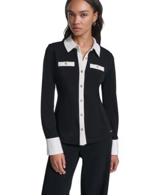 Women's Colorblock Long-Sleeve Polo Sweater