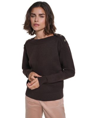 Women's Button Shoulder Boat Neck Long-Sleeve Sweater