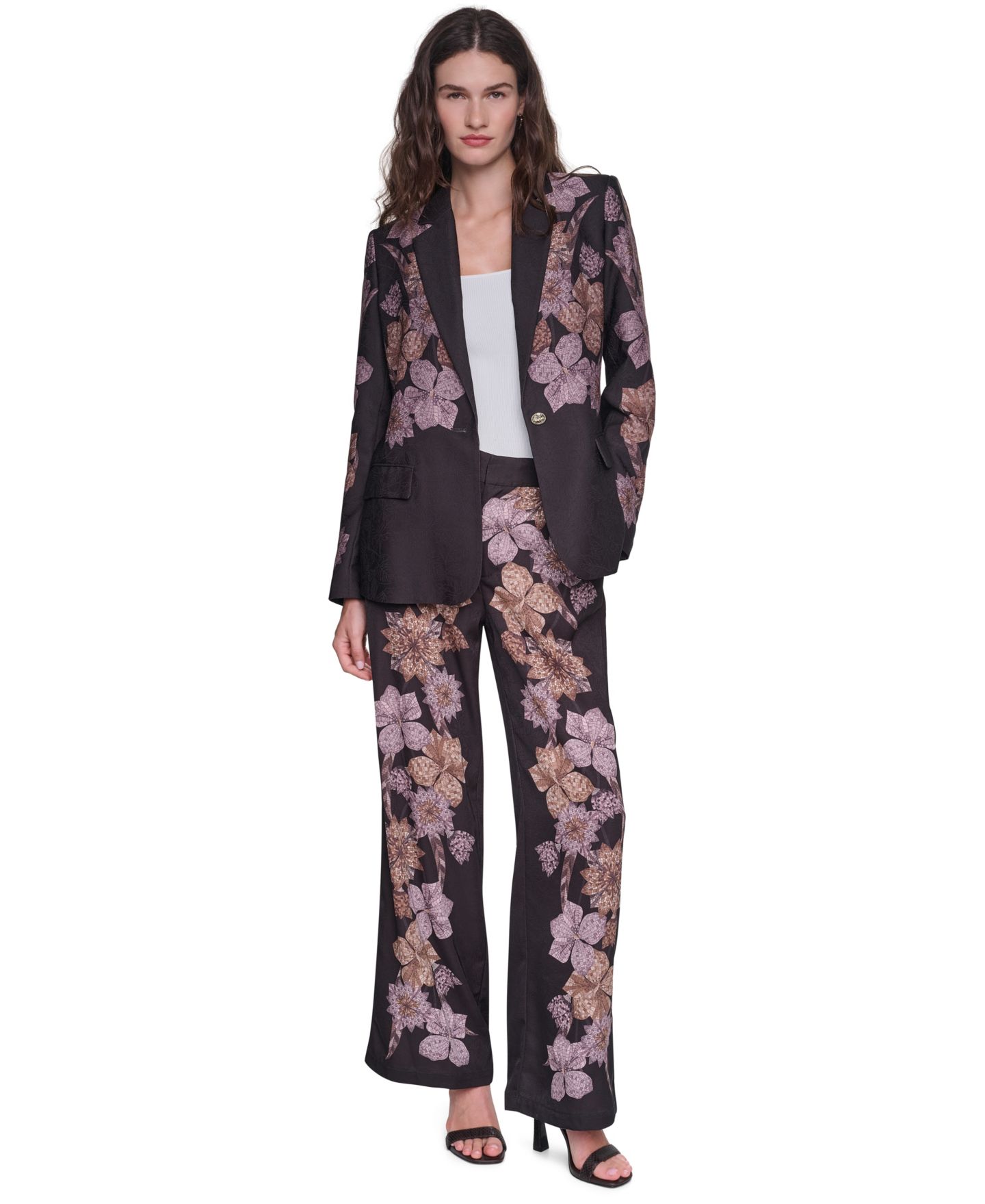 Женские брюки KARL LAGERFELD PARIS Wide-Leg High-Waisted Floral-Print, цвет: Розовато-лиловый — фото 2