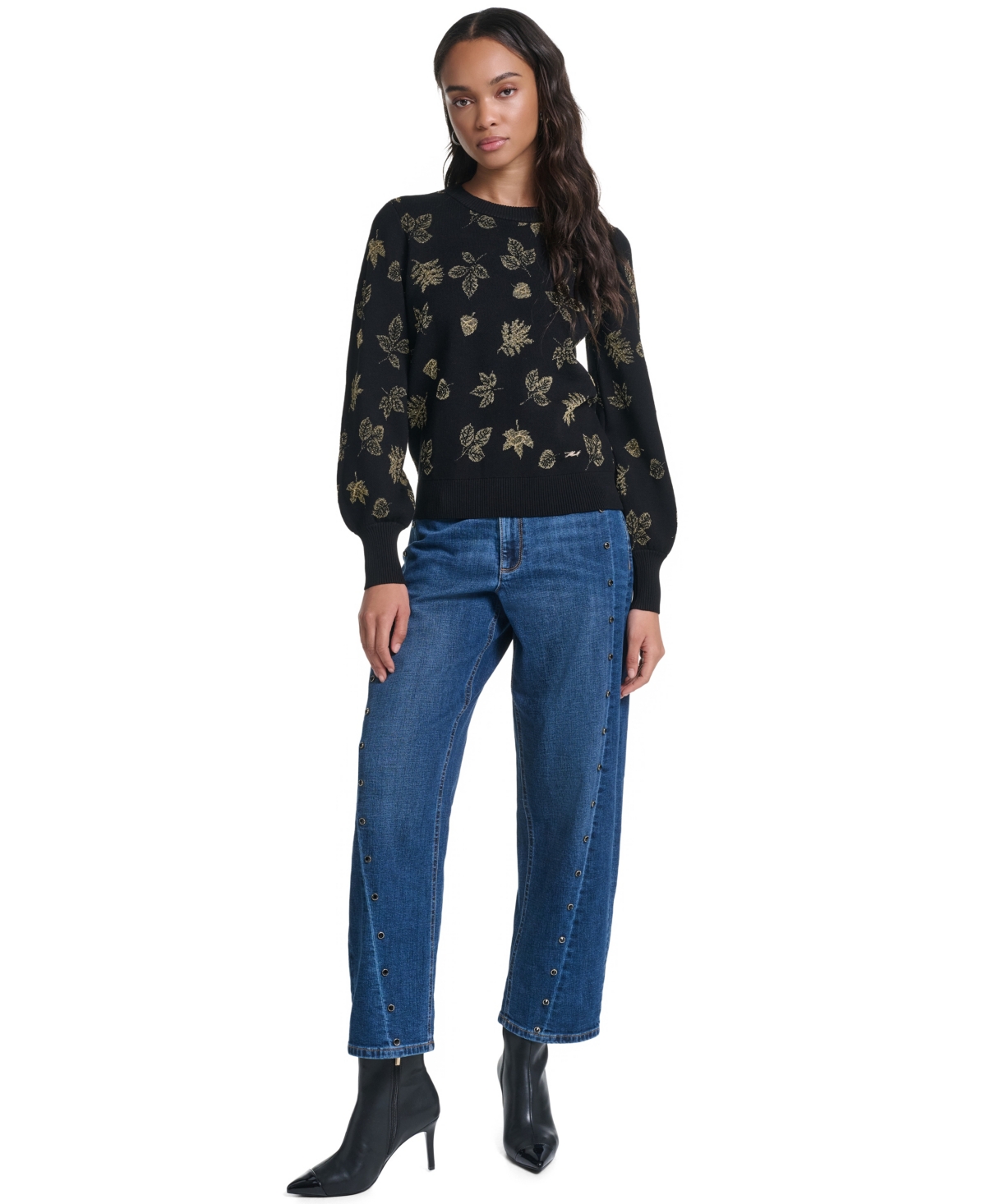 Karl Lagerfeld Paris Women's Metallic-Leaf Print Crewneck Sweater