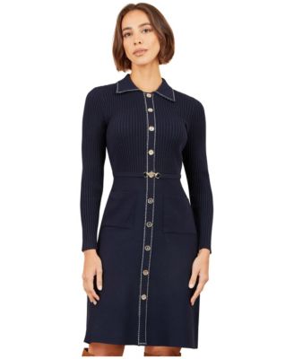 Women's Skater Rib-Knit Belted Knee-Length Shirt Dress