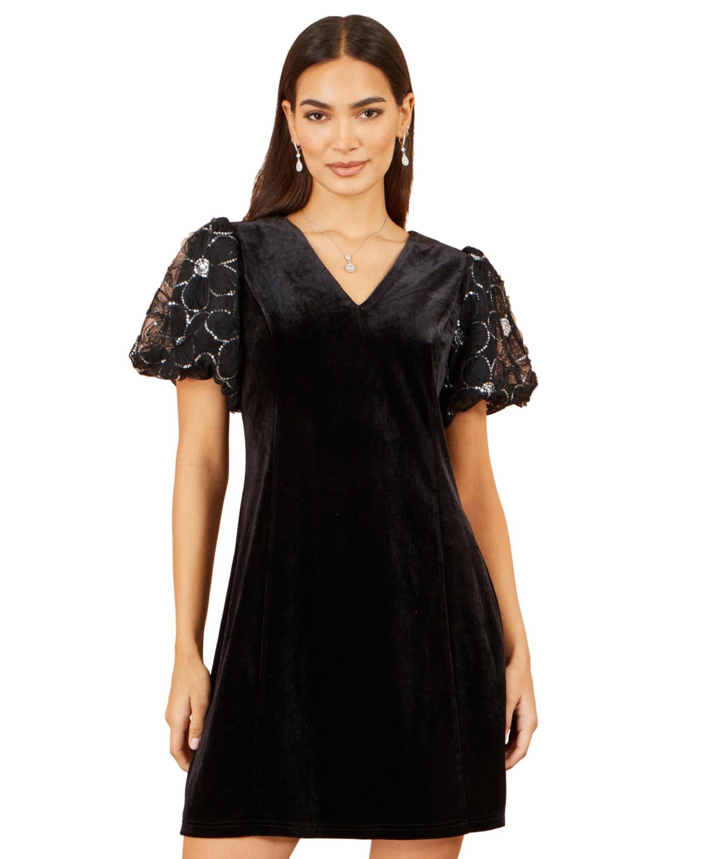 Женское платье Yumi Puff-Sleeve Velvet Mini, цвет: Чёрный — фото 4