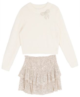 Girls' 7-16 Long-Sleeve Bow-Appliqu&eacute; Sequin Sweater and Skort, 2-Piece Set