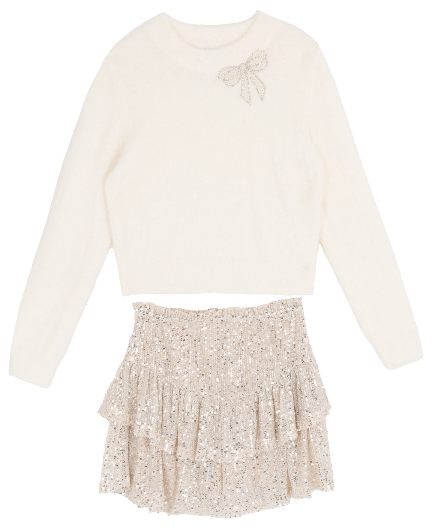 Stella 88 Girls' 7-16 Long-Sleeve Bow-Appliqué Sequin Sweater and Skort, 2-Piece Set, цвет: Слоновая кость — фото 4
