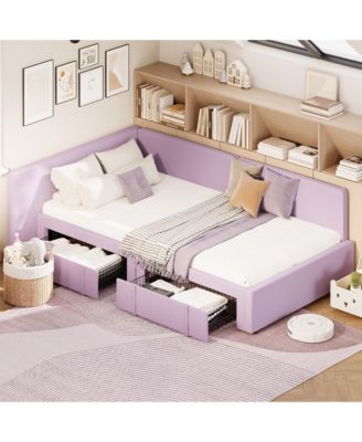 Twin Daybed with 2 Storage Drawers, Corner Bed Frame with Extended Headboard and Velvet Upholstered Sofa Bed with Guardrail for Bedroom