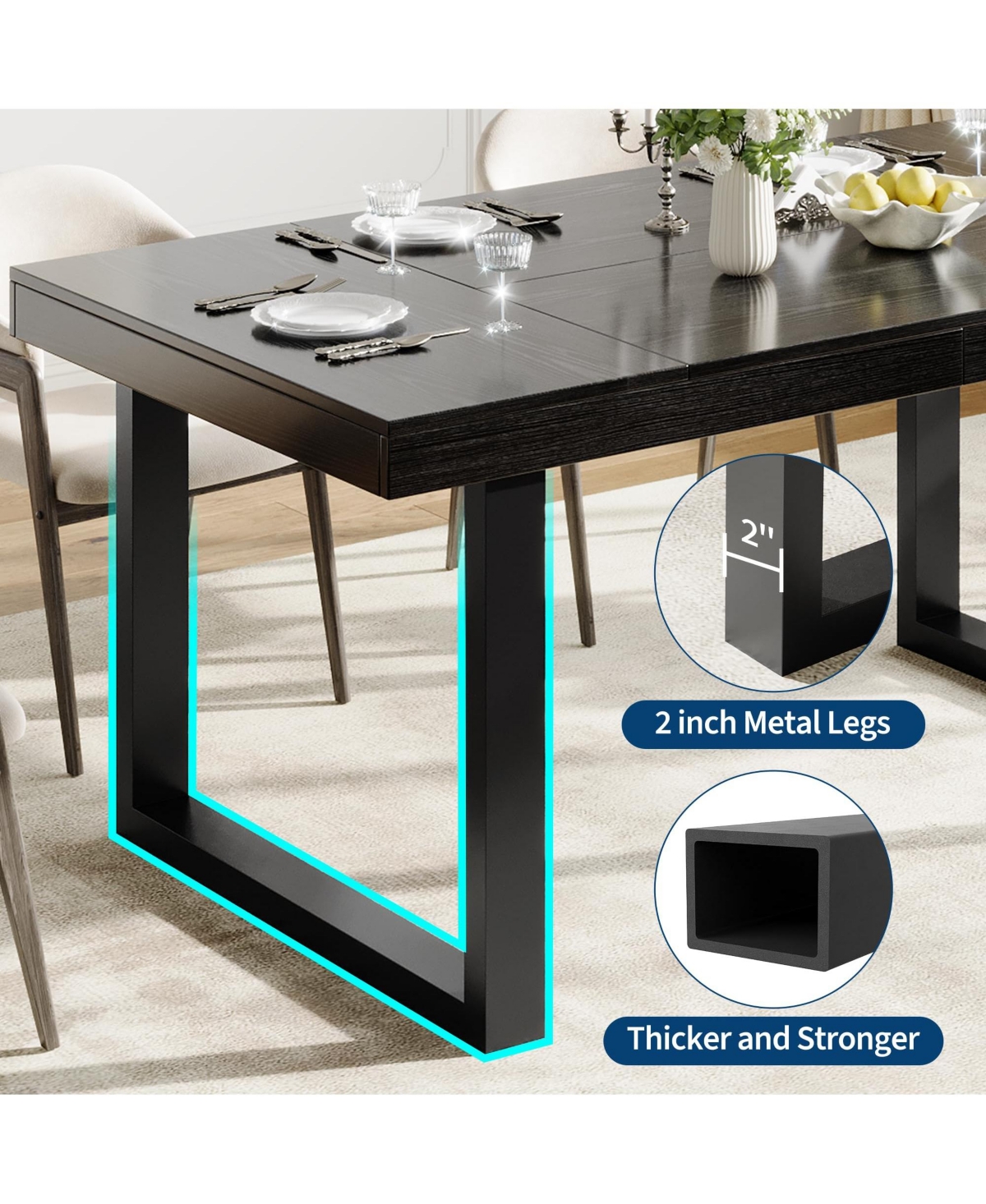 homfan 71" Dining Table for 6-8, Wooden with Metal Legs, Rectangular Wood Top, Farmhouse Kitchen Home Office, Room