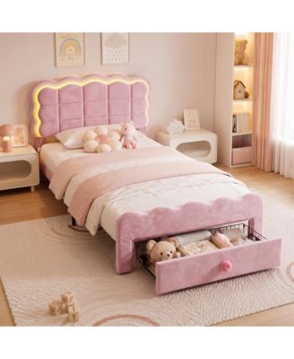 Twin Size Bed Frame with LED Lights and Storage Drawer, Adjustable Wavy Headboard, Upholstered Platform Bed, Wood Slats Support, No Box Spring