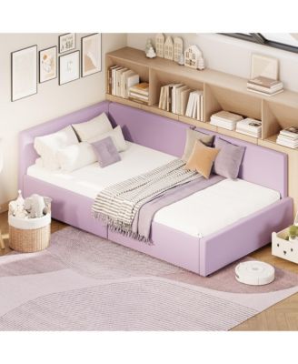 Twin Daybed with Headboard, Velvet Upholstered, Corner Bed Frame with Guardrail, for Living Room or Bedroom, Easy Assembly