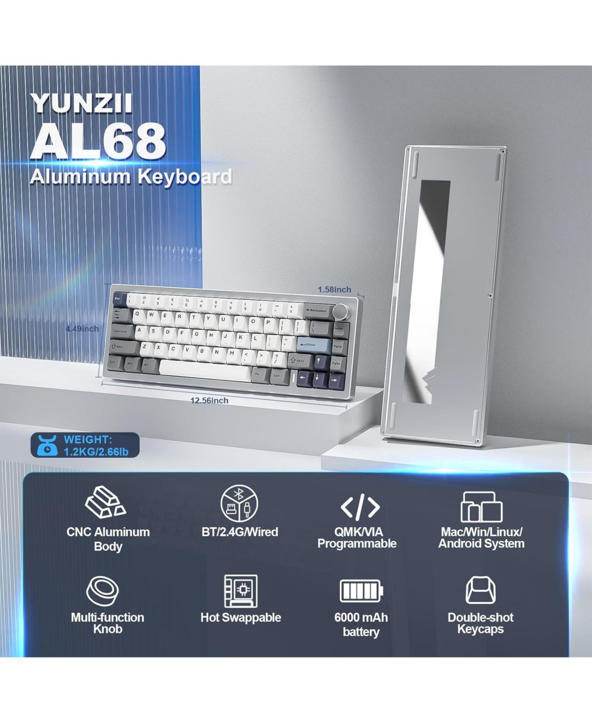 Ipason AL68 Wireless Tri-Mode Hot-Swappable Mechanical Keyboard for Windows, macOS, and Linux
