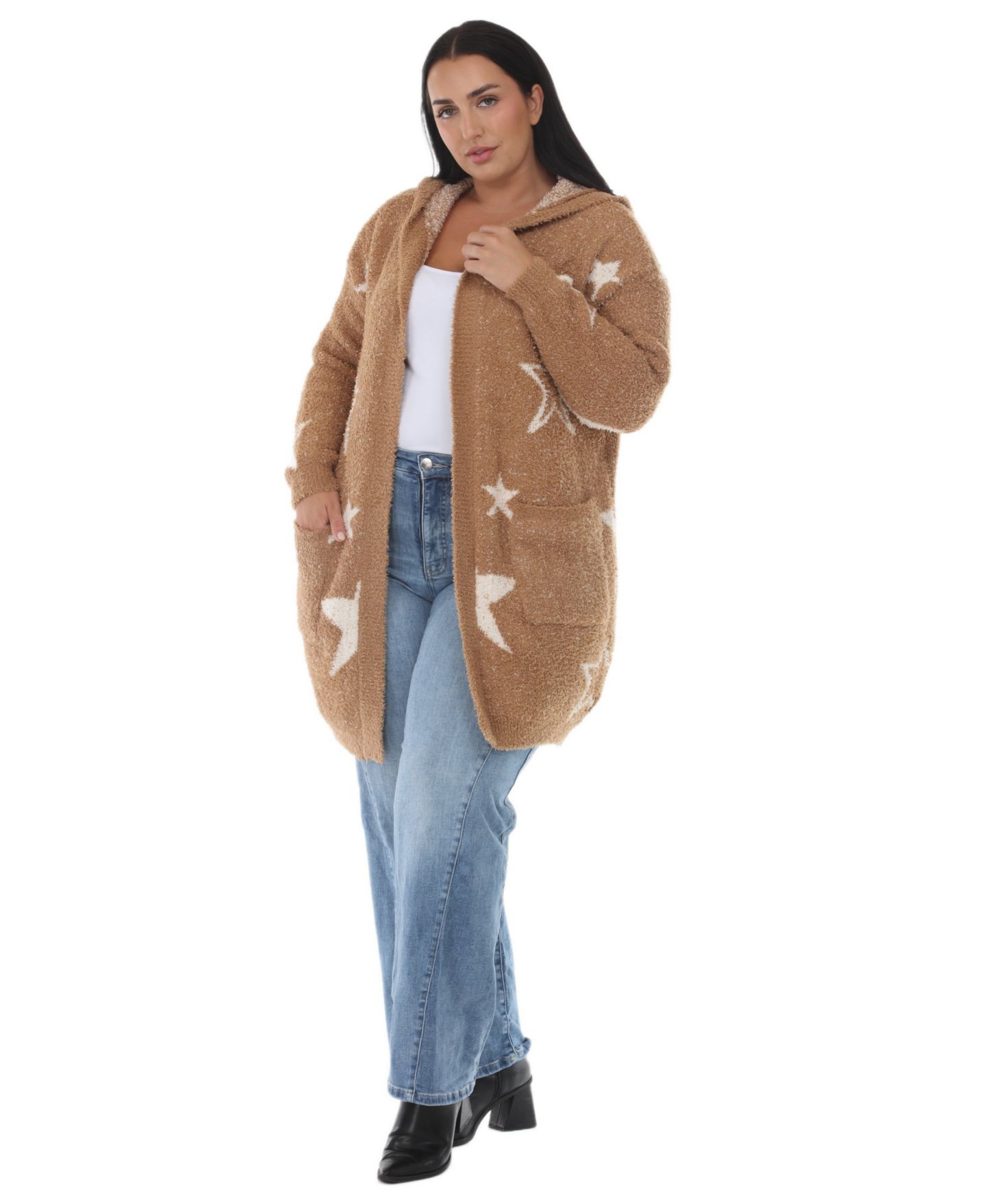 Женский кардиган White Mark Plus Size Hooded Star-Print Sherpa Cardigan, цвет: Верблюжий — фото 3