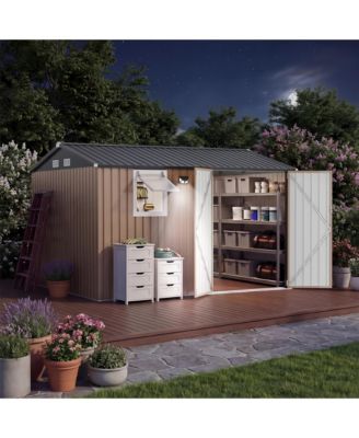 10 x 8 FT Outdoor Storage Shed with Window, Pegboard and Solar Light, Metal Tool Shed for Garden, Backyard, Patio, White/Black/Brown