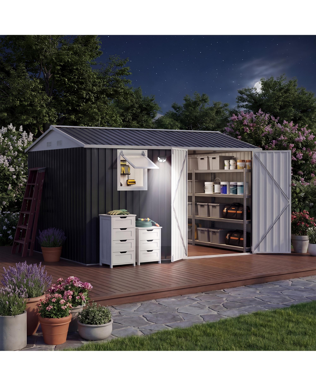 10 x 8 Ft Outdoor Storage Shed with Window, Pegboard and Solar Light, Metal Tool Shed for Garden, Backyard, Patio, White/Black/Brown - Black