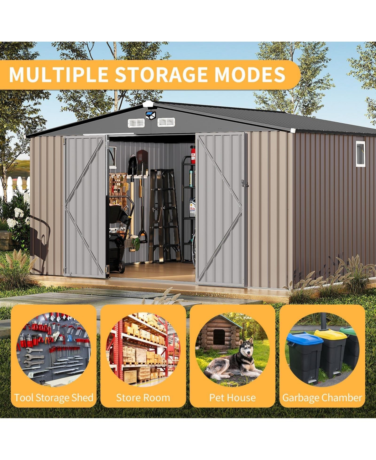 12 x 10 Ft Outdoor Storage Shed with Windows and Solar Lights, Heavy Duty Steel Tool for Backyard, Garden, Patio, Lawn, Dark Gray/Brown