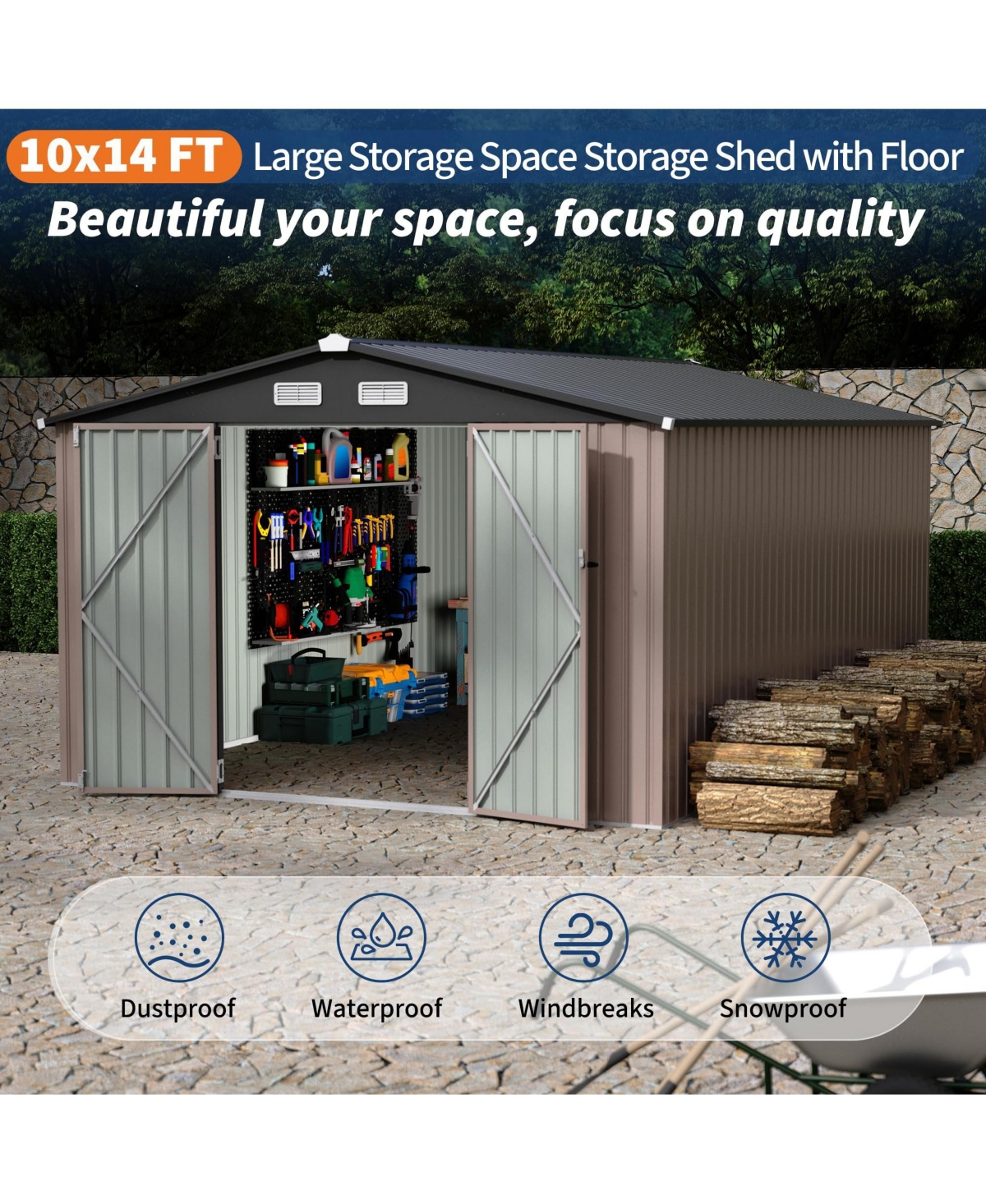 10 x 14 Ft Outdoor Storage Shed, Heavy Duty Steel Garden Tool Shed with Lockable Doors and Vents, for Backyard Patio Lawn, Grey/Brown
