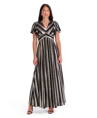 Women's Crinkled Foil Woven Wedding Guest V-Neck Maxi Dress