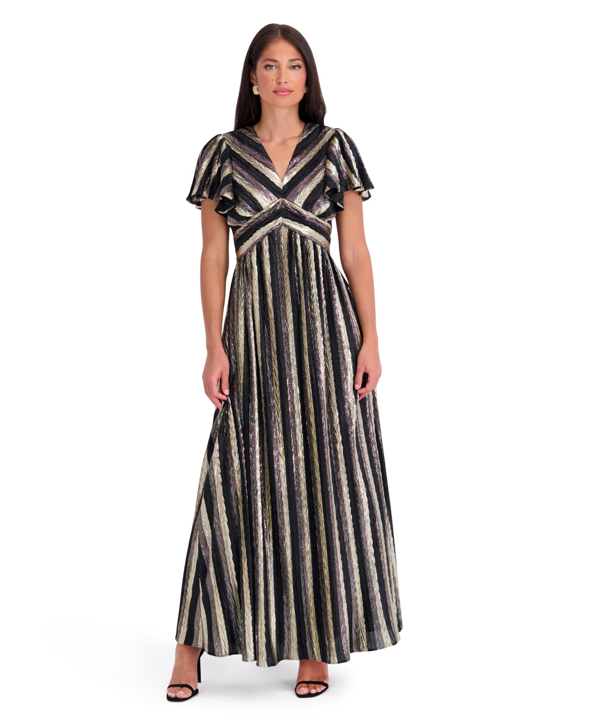 Kensie Women's Crinkled Foil Woven Wedding Guest V-Neck Maxi Dress - Black Gold